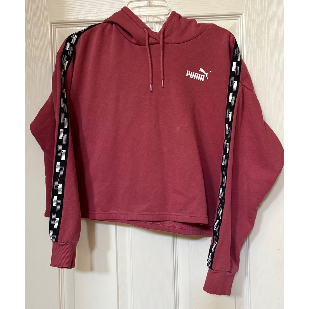 Puma Cropped‎ Hoodie Womens Medium Pink Logo Tape Pullover Sweatshirt